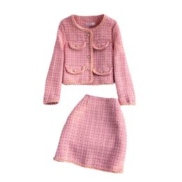 Spring autumn new women's tweed Woollen lurex single breasted long sleeve o-neck short jacket coat and skirt twinset dress suit ML