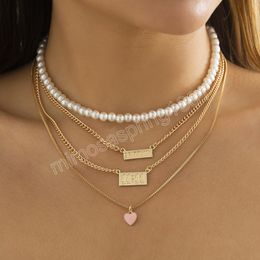 Boho Multilayer Imitation Pearl Beaded Necklace Women's 2022 Alphanumeric 1 Engraved Pink Heart Pendant Necklaces Girls Jewelry