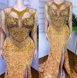 2022 Plus Size Arabic Aso Ebi Mermaid Gold Luxurious Prom Dresses Beaded Crystals Evening Formal Party Second Reception Birthday Engagement Gowns Dress ZJ999