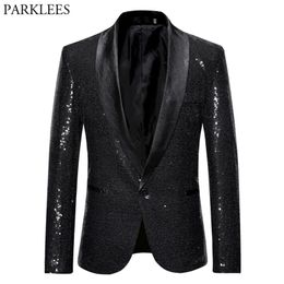 Black Sequin One Button Shawl Collar Suit Jacket Men Bling Glitter Nightclub Prom DJ Blazer Jacket Men Stage Clothes for Singers 220527