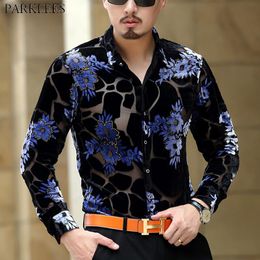 Men's Casual Shirts Silk Transparent Shirt Men 2022 Floral Embroidery Mens Dress See Trough Sexy High Quality Lace 3XLMen's Men'sMen's