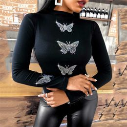 Women Fashion Casual Long Sleeve Blouses Butterfly Pattern Studded Blouse Feamle Casual Blouse Tops 210716