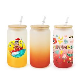 Sublimation Beer Can Glass 16oz Ombre Colour Frosted Coffee Mugs with Bamboo Lid and Straw Portable Drinking Cup Gift For Her 0426