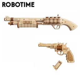 Robotime Rokr DIY Revolver Scatter with Rubber Band Bullet Wooden Model Building Block Kit Assembly Toy Gift for Children Adult 220715