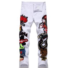 White Jeans Men Patch Slim Fit Straight Leg High Quality Jean Pant Hip Hop Casual Trousers