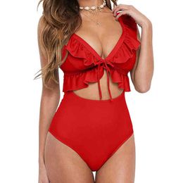 2022 New Sexy Ruffle One Piece Swimsuit Female Plus Size Swimwear Women Monokini Bathers Bathing Suits Beachwear Swim Ladies XXL Y220423