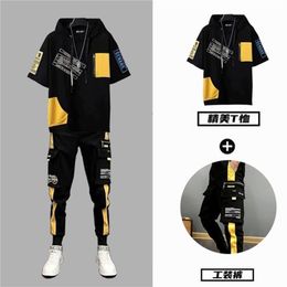 Summer Men's Sets Korean Fashion Streetwear Men Joggers Set Casual Hooded TracksuitElastic Waist Trousers Men Clothes 2Pcs Sets 220610