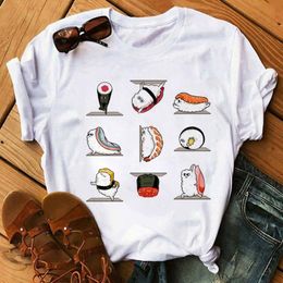 Kawaii Cartoon Sushi Print T Shirt Women Female Fashion Cute Graphic Tee 90s Girls Sport T-shirt