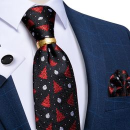 Bow Ties Black Red Christmas Tree Snowflake Print Silk For Men 8cm Wide Men's Neck Tie Handkerchief Cufflinks Set GiftBow