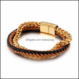 Tennis Bracelets Jewelry 21Cm Stainless Steel Dubai Gold Double-Layer Link Chain Bracelet For Men Vintage Cowe Leather Wrap Dhvy4
