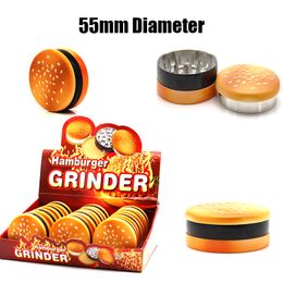 Wholesale Hamburger Shape Grinders 3 Layers Smoking Accessories Mix Colours Herb Grinder 55mm OD Diameter Plastic Zinc Alloy Crushers With Display Box GR393