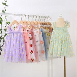 Girls Summer Dress Cute Strap Tulle Baby Embroidery Birthday Party Princess es Toddler Clothes CL805 220426