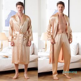 Men's Sleepwear Champagne Men Robe Set Sexy Lingerie Home Wear Japanese Style Satin Kimono Bathrobe Robes Dress Oversize Robe&Pant 3XLMe