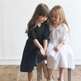 2T to 16 Y Summer Mommy and Me V-neck Half-sleeve Kids Shirt Girls Cotton Dress Children Midi Dress#5578 210329