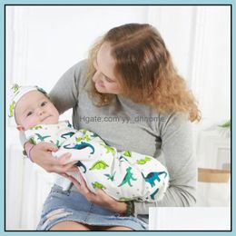 Blankets Home Textiles Garden Ll Summer Newborn Blanket Cute Cartoon Pure Colour Printed Cotton Hat 2 Pieces Set Baby Sl Dh3Ke