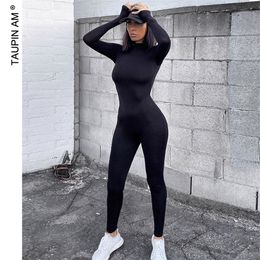 TAUPIN AM Women Skinny Jumpsuit Rompers Womens Jumpsuit Summer Jumpsuits For Women Long Sleeve Black Sexy Solid Bodysuits T200509