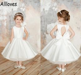 Ivory Satin Cute Flower Girl Dresses For Wedding Jewel Neck Hollow Back Kids Little Girl's Party Pageant Gowns Tutu Skirt Bow Toddler Birthday Formal Dress CL0449