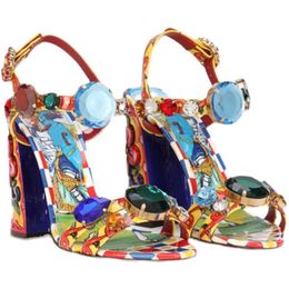 Ladies 2024 Genuine patent women sandals dress shoes chuckly high Bohemia peep-toe wedding party sexy print buckle Strap diamond colourful size 35-43 2 heels