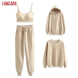 Tangada 2020 women s set color match 4 piece set tracksuits camis hooded fleece sweatshirts elastic waist pants solid color LJ201117