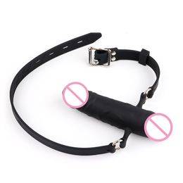 Silicone Double-Ended Open Mouth Gag Dildo Oral Fixation Strap On Slave sexy Toy Hollow Penis Plug Harness Bdsm Bondage for Adult