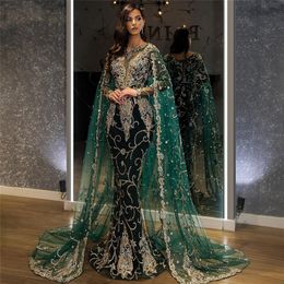 Green Arab Mermaid Prom Dresses Sexy Sheer Neck Long Sleeves Lace Sequins Appliques Beads With Cape Luxury Floor Length Plus Size Formal Party Gowns Custom Made