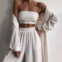 Sexy Women Three Piece Sets Fashion Casual Wrap Solid Tops And Wide Leg Pants Suits Homewear Elegant Soft Female 3 Piece Outfits 210331