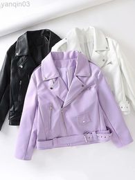 Spring Autumn Women Faux Leather Jacket Streetwear Lapel Purple Pu Leather Loose Coat with Belt Lady Outwear L220801