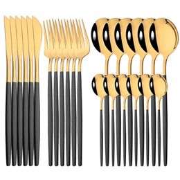24Pcs Mirror Gold Dinnerware Cutlery Set Stainless Steel Tableware Knife Fork Coffee Spoon Party Flatware Silverware 220307