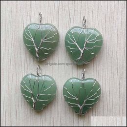 Arts And Crafts Natural Green Aventurine Stone Charms Tree Of Life Sier Wire Wrapped Love Heart Pendants For Necklace Jew Sports2010 Dh4Hl