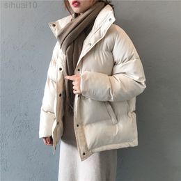 fashion solid women's winter down jacket stand collar short single-breasted coat preppy style parka ladies chic outwear female L220730