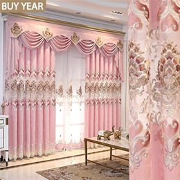 European Style Curtain for Living Dining Room Bedroom Chenille Fabric Embroidery Pink Valance Tulle Window 220511