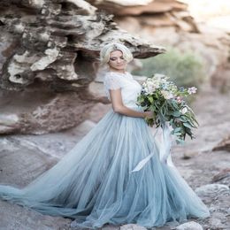 blue boho wedding dress UK - 2019 Bohemian Colored Wedding Dresses Short Sleeve Jewel Neck A Line Soft Tulle Cap Sleeve Boho Lace Light Blue Bridal Gowns214j