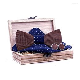 Bow Ties Sitonjwly Retro Wood Pocket Square Cufflinks Set For Wedding Man Wooden Bowties Handkercheif Hanky Neck With BoxBow Enek22
