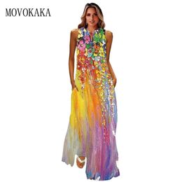 MOVOKAKA Spring Summer Print Long Dress Women Beach Holiday Casual Fashion Elegant Dresses Party Sleeveless V Neck Maxi 220418