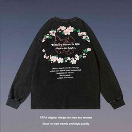 Tkpa Flower Printed Sweater Printed Long Sleeve T-shirt National Trend Loose Casual Round Neck Bottomed Shirt Men's and Women's