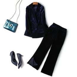 Women's Tracksuits Set Female Blue Slim Velvet Suit Flared Pants Two-piece 2022 Spring And Autumn Temperament Elegant Fashion Women's Cl