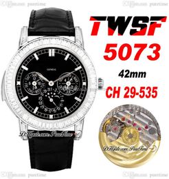 TWSF 5073 Perpetual Calendar Moon Phase CH29-535 Automatic Mens Watch Paved Rectangle Diamonds Case Black Dial Diamond Markers Leather Strap Super Edition Puretime