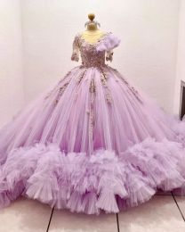 Lilac Quinceanera Dresses with 3D Floral Applique Short Sleeves Beaded Jewel Neck Sweep Train Sweet 16 Princess Birthday Party Prom Ball Gown Plus Size