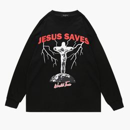 Men's Hoodies & Sweatshirts 2022 Autumn Jesus Graphic Print Kpop Cotton Men Hip Hop Pullover Long Sleeve Loose Tshirt Gothic Clothes Sweat H