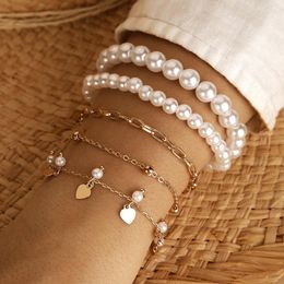 Beaded Strands Korean Imitation Pearl Bracelet Sets For Women MuItilayer Elegant Girls Fashion Vintage Heart Charm Chain Jewellery Fawn22