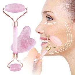 1/2Pcs Rose Quartz Facial Massage Jade Roller Guasha Board Double Heads Face Lift Body Skin Relaxation Slimming Beauty 220510