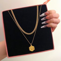 Chains Golden Metal Necklace For Women Men Heart Hexagon Pendant Thick Chain Bead Multi-layer Punk Fashion JewelryChains