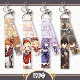 Keychains Genshin Impact Keychain Game Characters Bells Ribbon Streamer Bag Pendant Key Chain Diluc Car Ring Trinket Gift Jewellery