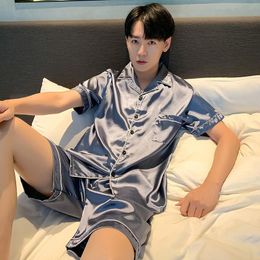 Men's Sleepwear Catties Men Pyjamas Set Silk Short Sleeved Nightwear Lounge Striped Grid Sleep Clothing Satin Plus Size Male NightMen's Men'