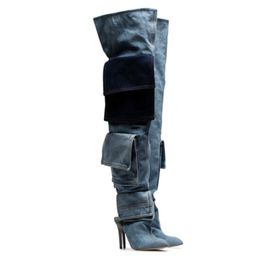 Moda - Stivali alti al ginocchio Punta a punta Demin Pocket Slip on Tacco sottile Scarpe da donna Pista moderna Banchetto Calzature lunghe Plus botas