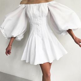 OOTN Elegant Off Shoulder Mini Dress Women Lantern Sleeve Pleated Summer Shirt Dress Fashion Solid Bodycon Dresses For Woman 220511