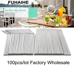 FUHAIHE 100pcslot Metal Straw Reusable Wholesale Stainless Steel Drinking Tubes 215mm6mm Straight Bent Straws For Drink T200111