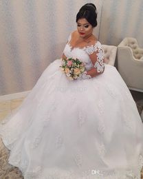 2022 African Princess White Lace Appliques Plus size Wedding Dresses Long Sleeves Lace Up Back Wedding Gowns Bride Dresses robe de mariee