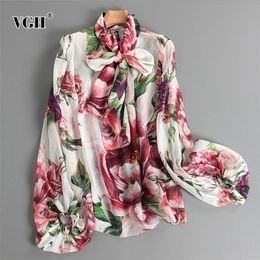 VGH Hit Colour Printed Shirt For Women Stand Collar Lantern Sleeve Casual Loose Blouse Female Fall Fashion Clothing 210308