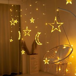 Moon Star LED Curtain Lights 220V EU Plug Fairy Christmas Garlands Outdoor Decoration Holiday Festival Twinkle String Y201020